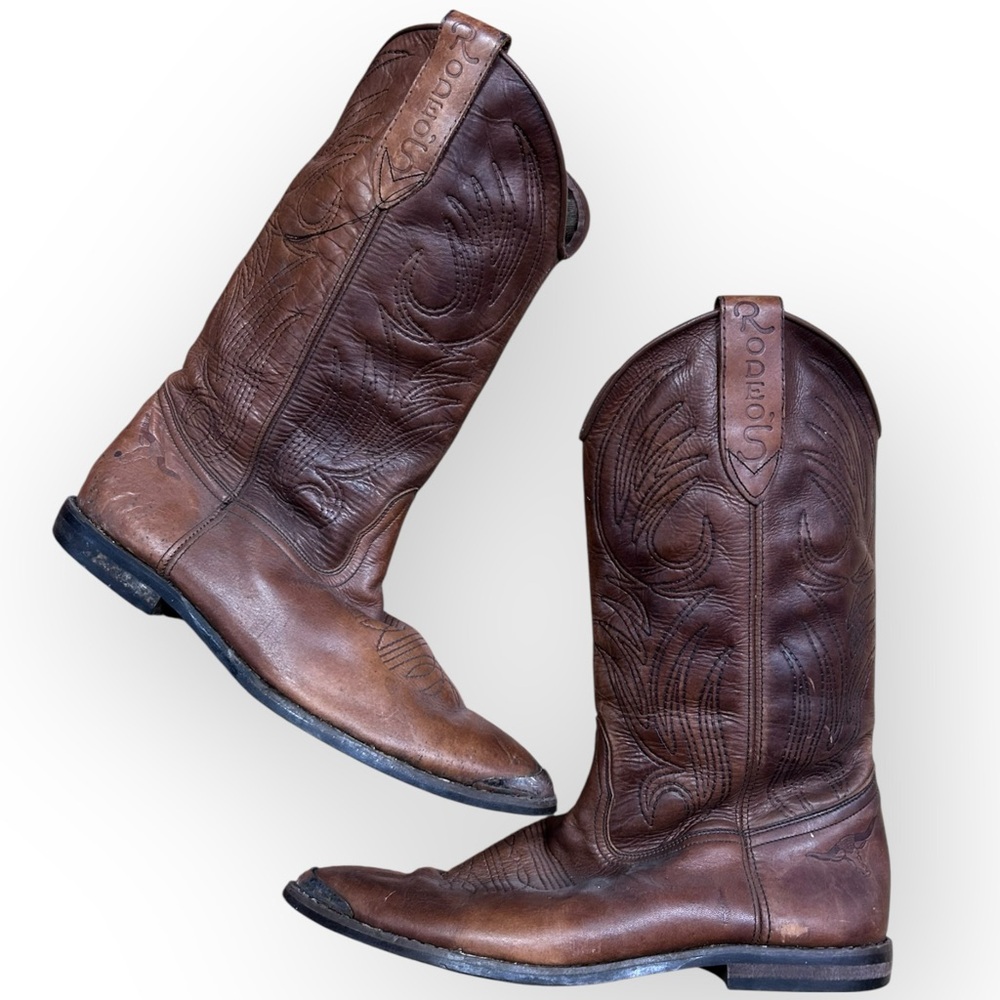 Vintage 1989 Rodeos Cowboy Boots Brown Leather Metal Toe Size 9B
